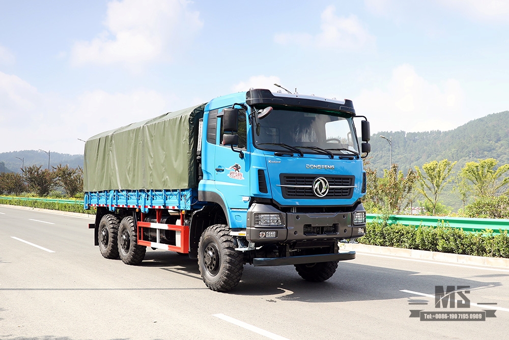 Dongfeng รถหกล้อขนส่งรถบรรทุก_340hp Dongfeng 6*6 รถบรรทุกสินค้าหัวแบนพร้อมเสาหลังคาถังน้ำหล่อเย็นเบรกรถบรรทุกทางไกล_ส่งออกยานพาหนะพิเศษ